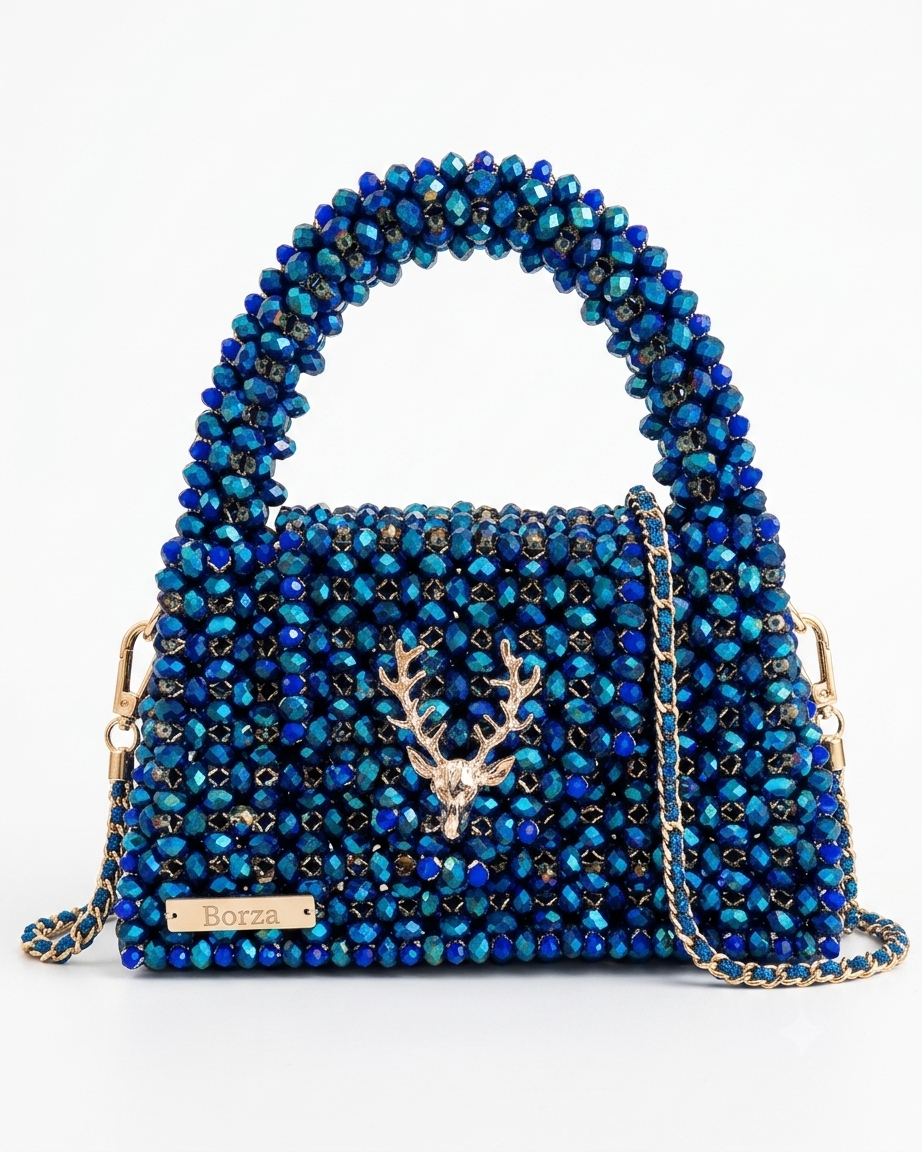 Deep Sapphire Crystal Beaded Bag - Handmade Luxury Evening Clutch