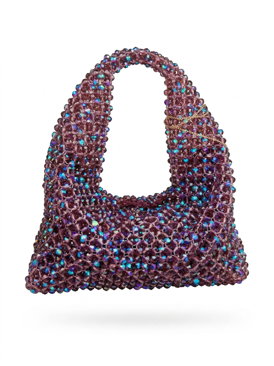Iridescent Amethyst Crystal Beaded Bag - Handmade Luxury Hobo Purse