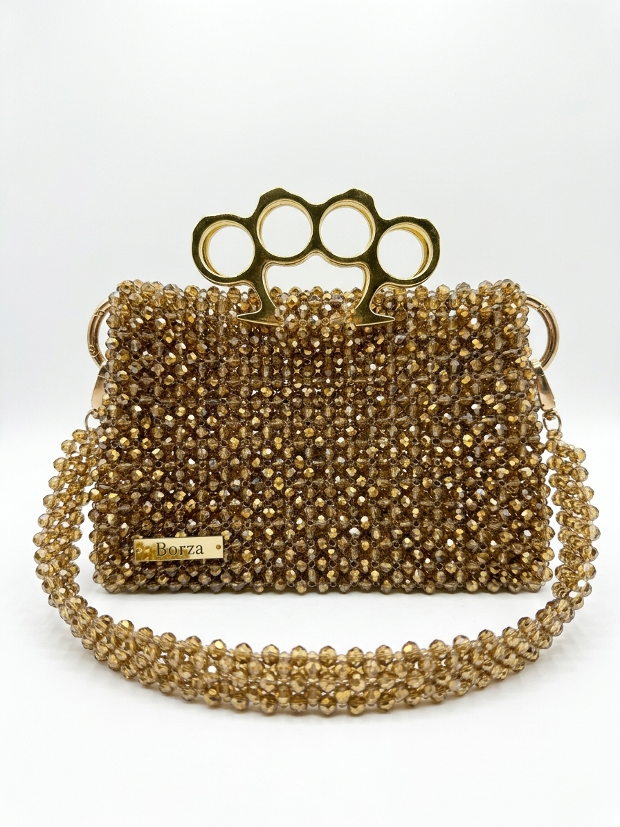 Edgy Gold Knuckle Duster Crystal Beaded Bag - Handmade Evening Clutch
