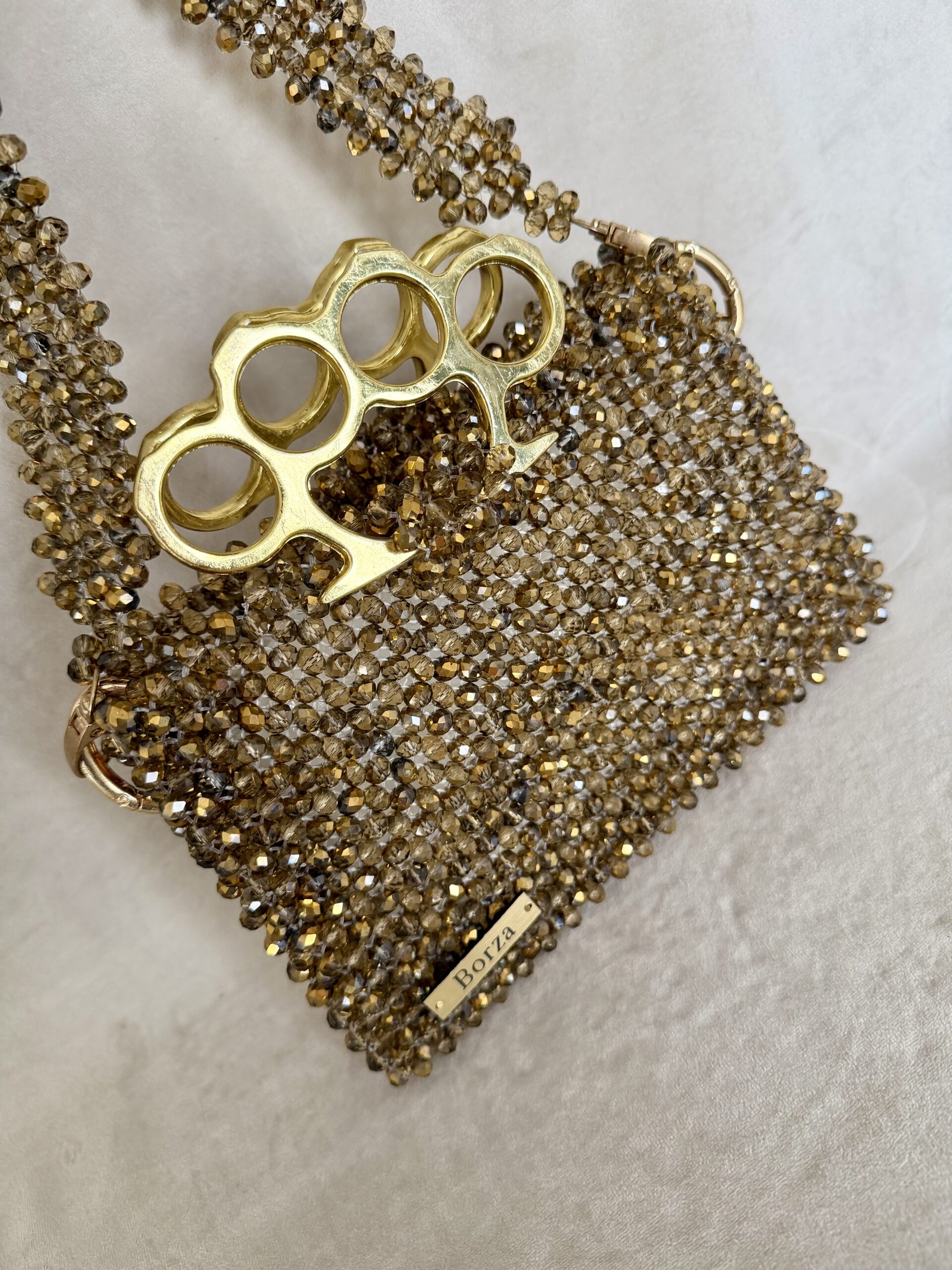 Edgy Gold Knuckle Duster Crystal Beaded Bag - Handmade Evening Clutch